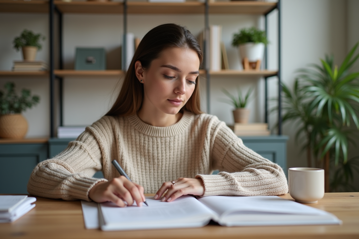 Jeune femme examinant des documents de garantie à la maison