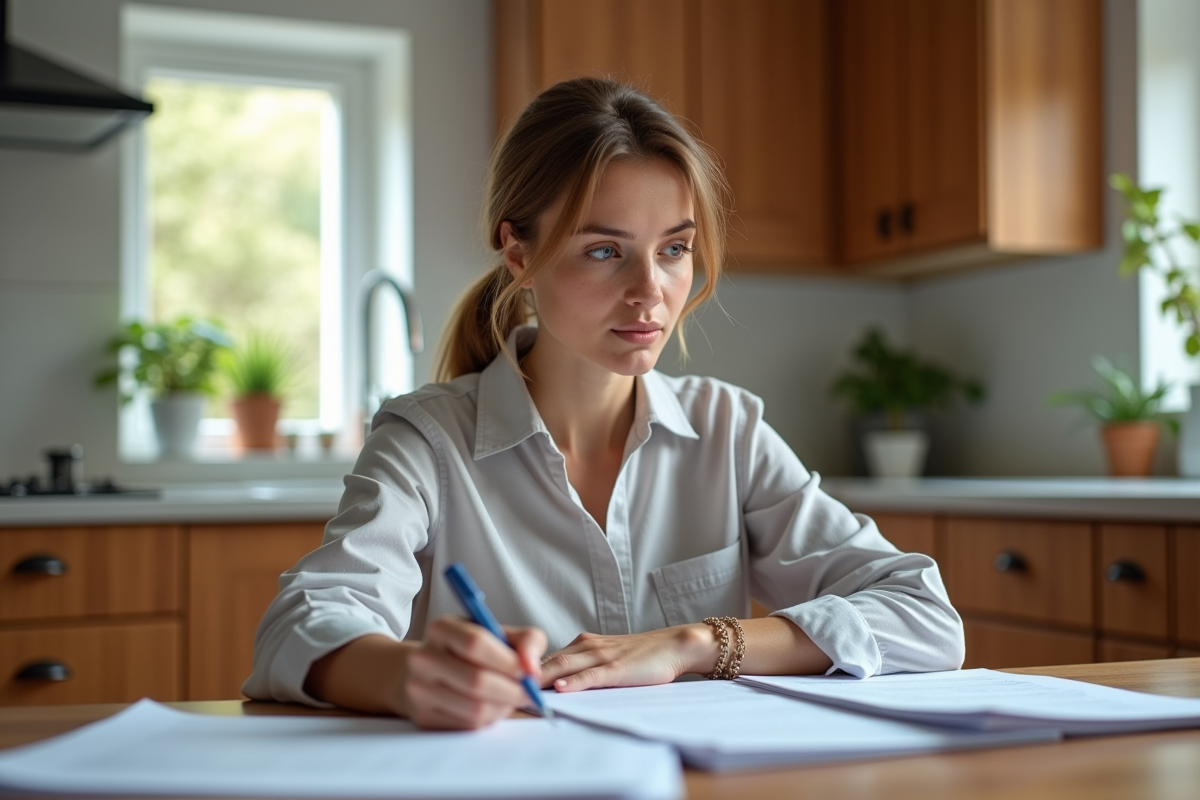Femme assise à la table examinant des papiers fiscaux