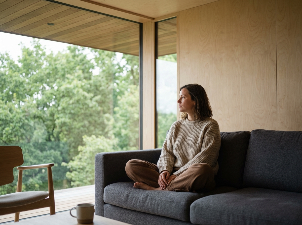 Femme assise sur canapé en intérieur bois et vue sur arbres