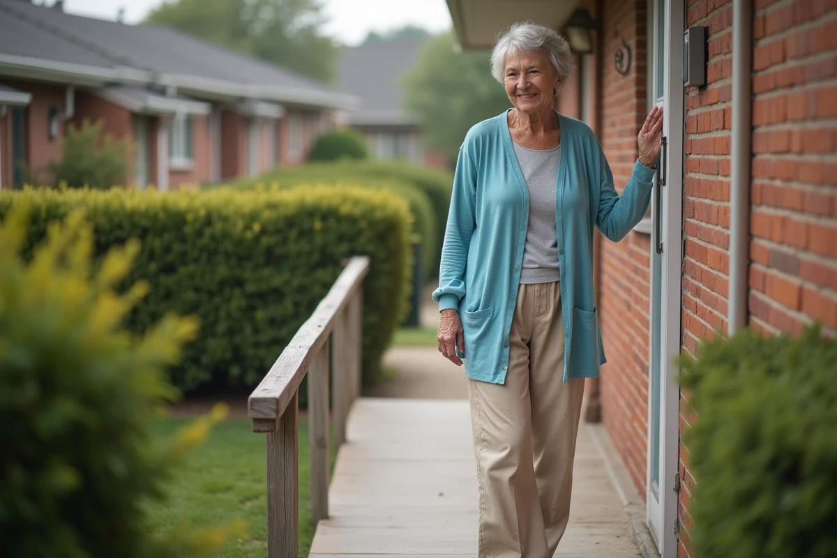 Femme senior franchissant l'entrée sans marche d'une maison plain-pied adaptée à la mobilité réduite