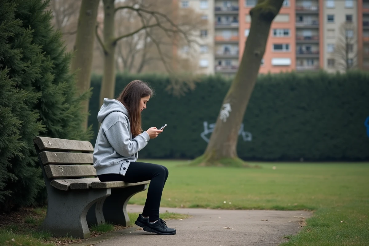 Jeune femme assise sur un banc dans un parc urbain de Montluçon