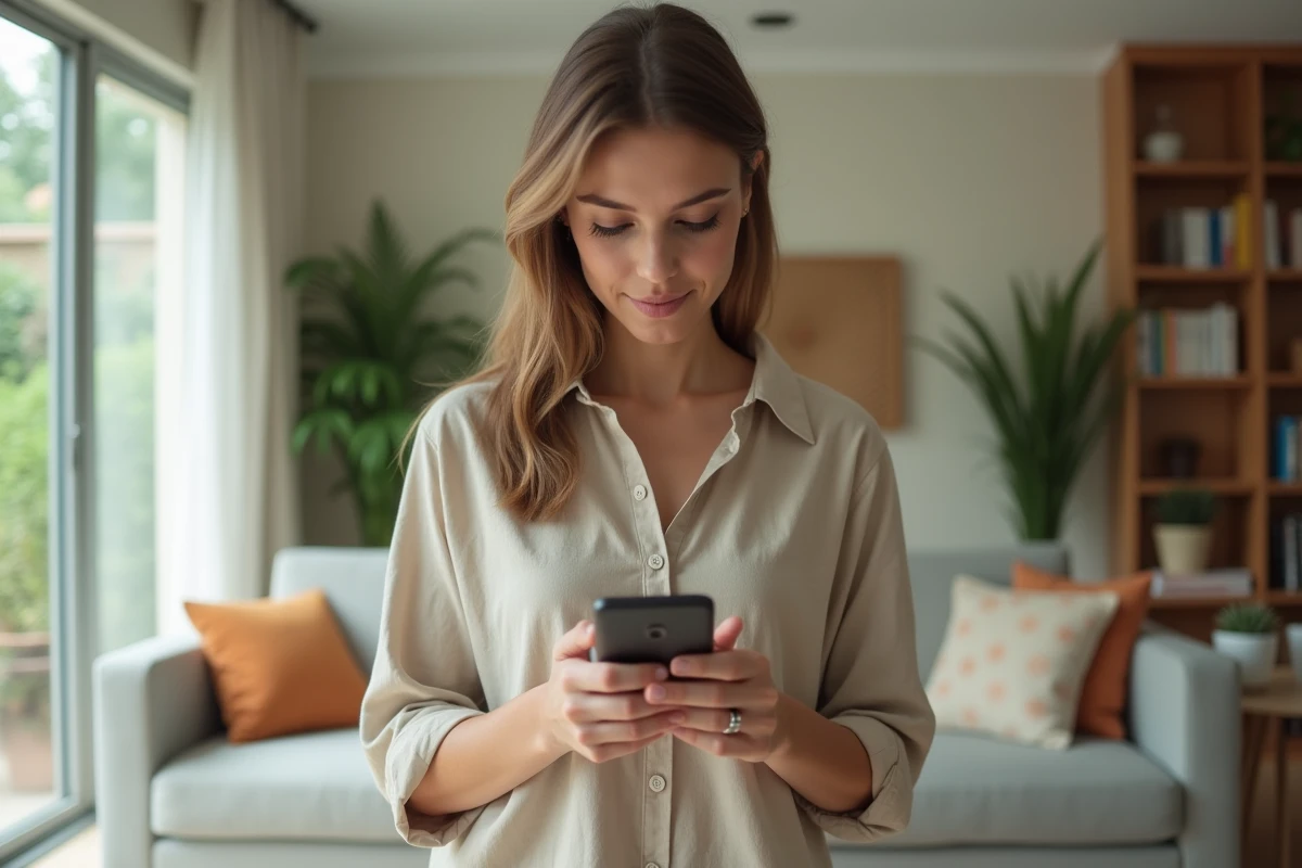 Femme tenant un smartphone pour créer une visite virtuelle dans son salon