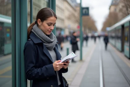 Jeune femme regardant un plan de tramway &agrave; Courbevoie