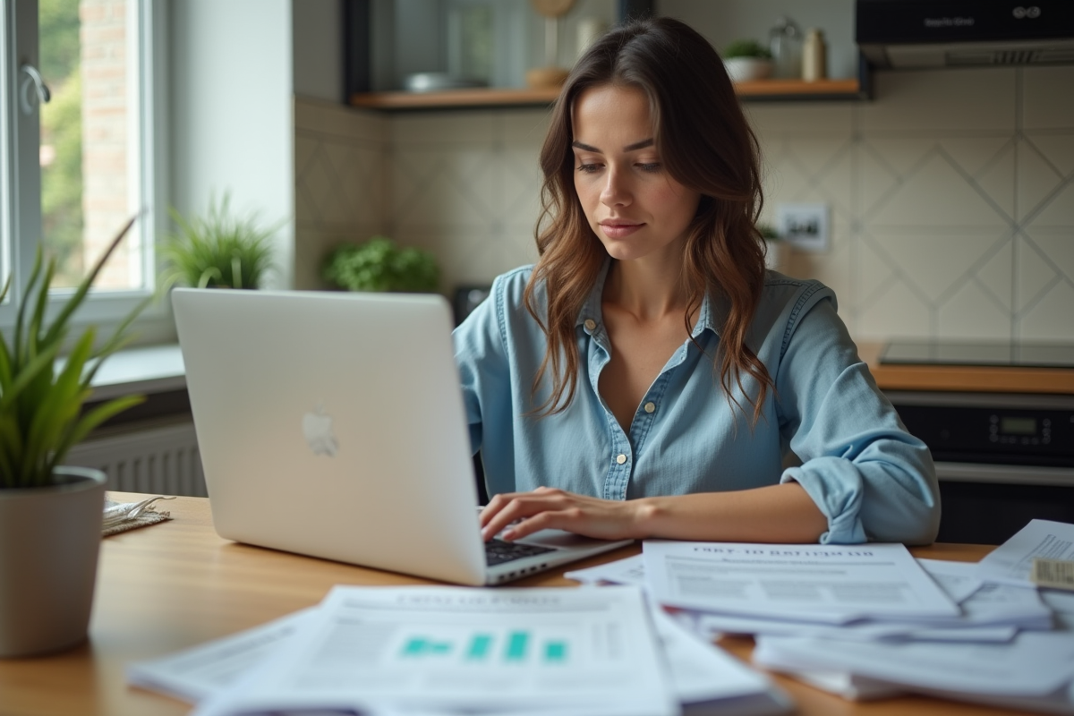 Jeune femme travaillant sur un ordinateur avec des papiers immobiliers