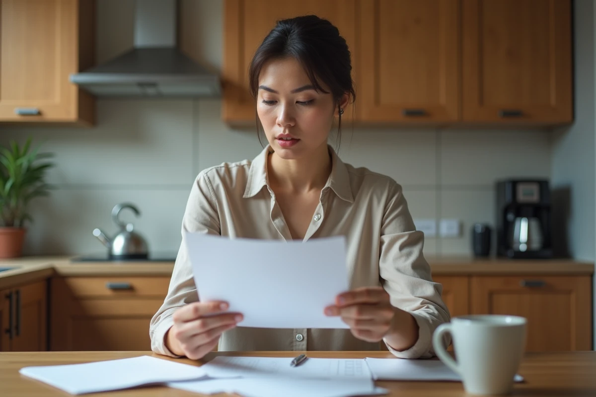 Femme en tenue business casual dans une cuisine moderne