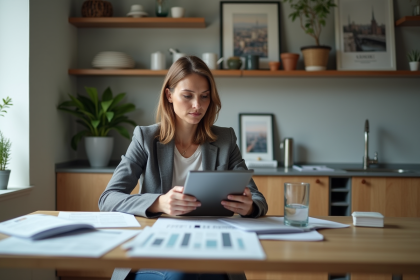 Femme d'âge moyen dans une cuisine urbaine avec tablette