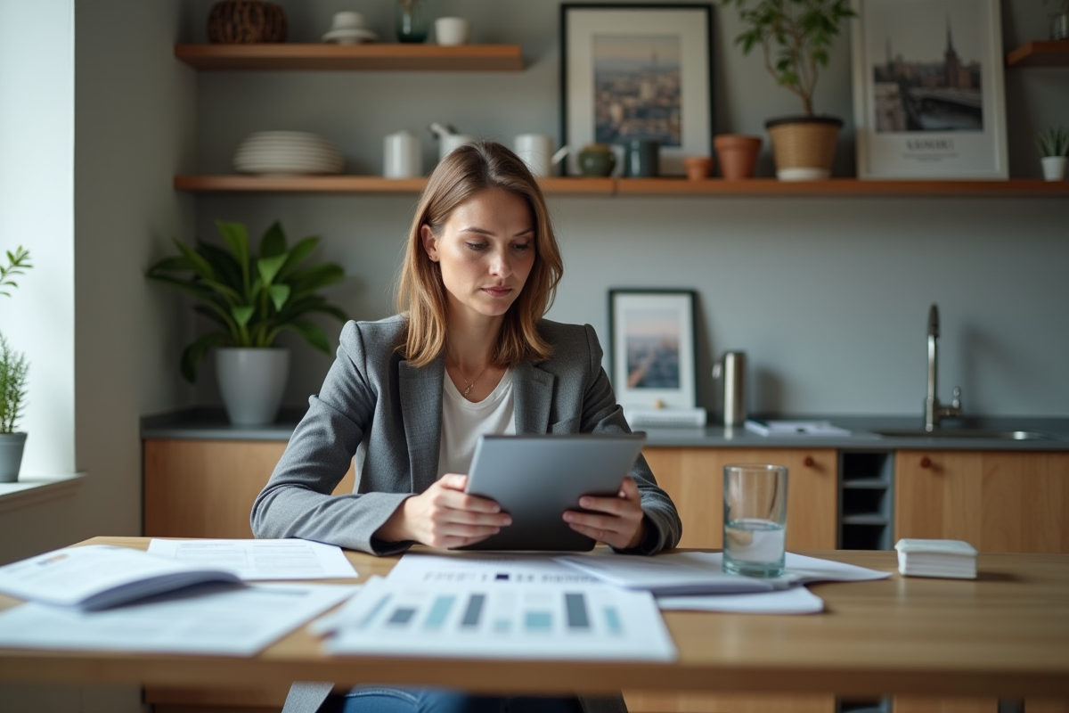 Femme d'âge moyen dans une cuisine urbaine avec tablette