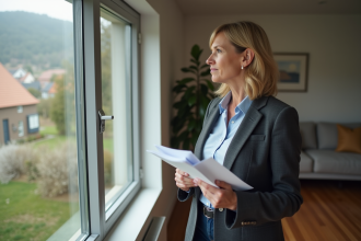 Femme d'âge moyen tenant documents d'évaluation immobilière