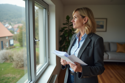 Femme d'âge moyen tenant documents d'évaluation immobilière