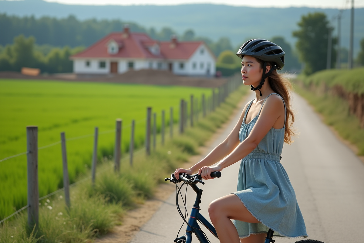 Jeune femme à vélo au bord de la campagne en construction