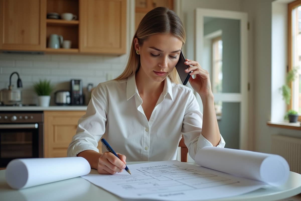 Jeune femme en cuisine examinant des documents d