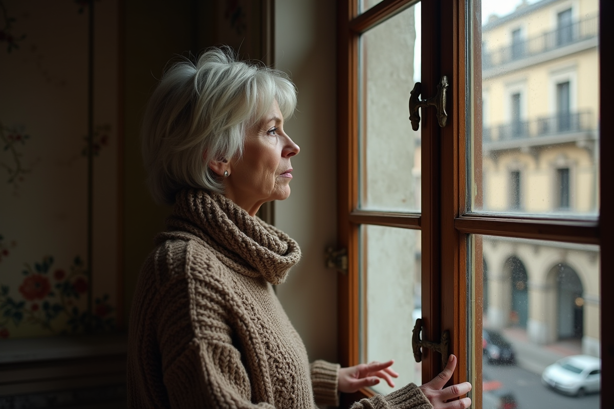 Femme vintage dans un appartement parisien contemplant la vue