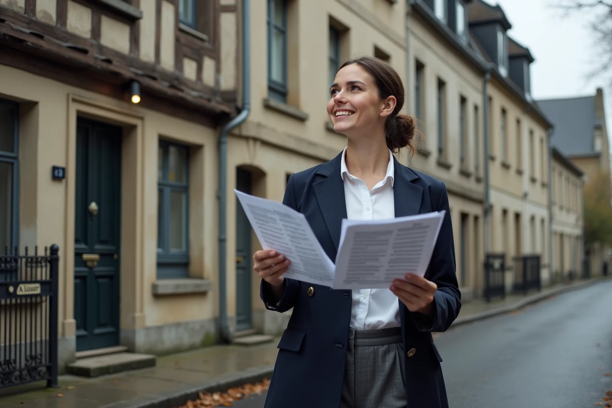 Femme active visitant une maison normande à louer dans les rues de Rouen en Seine-Maritime