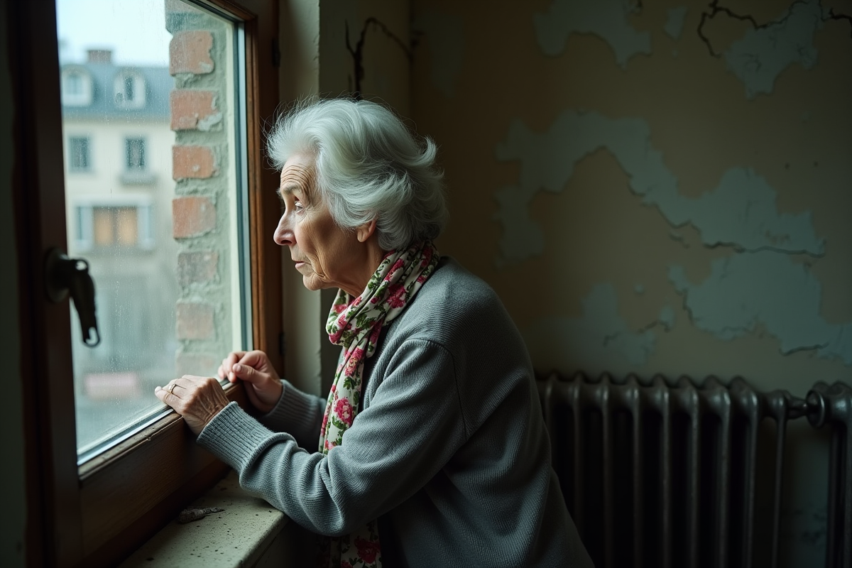 Femme âgée regardant par une fenêtre fissurée dans son logement