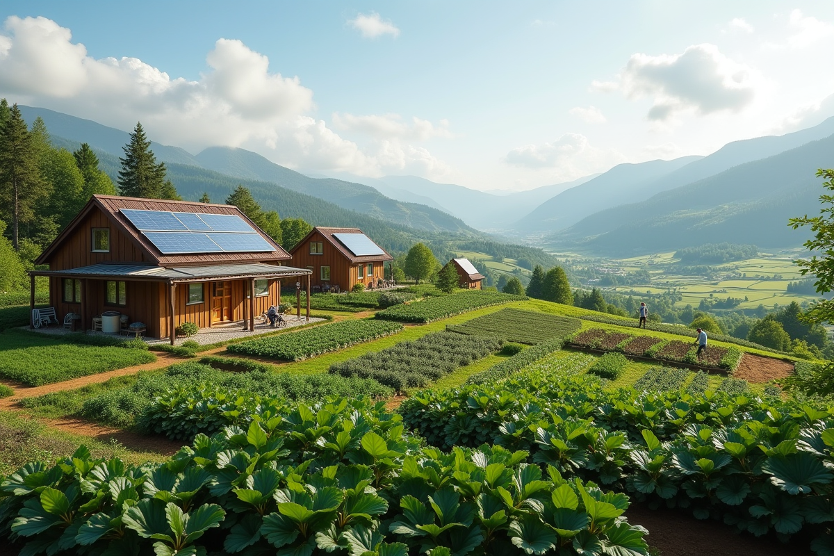 Ferme moderne avec bâtiments durables et panneaux solaires