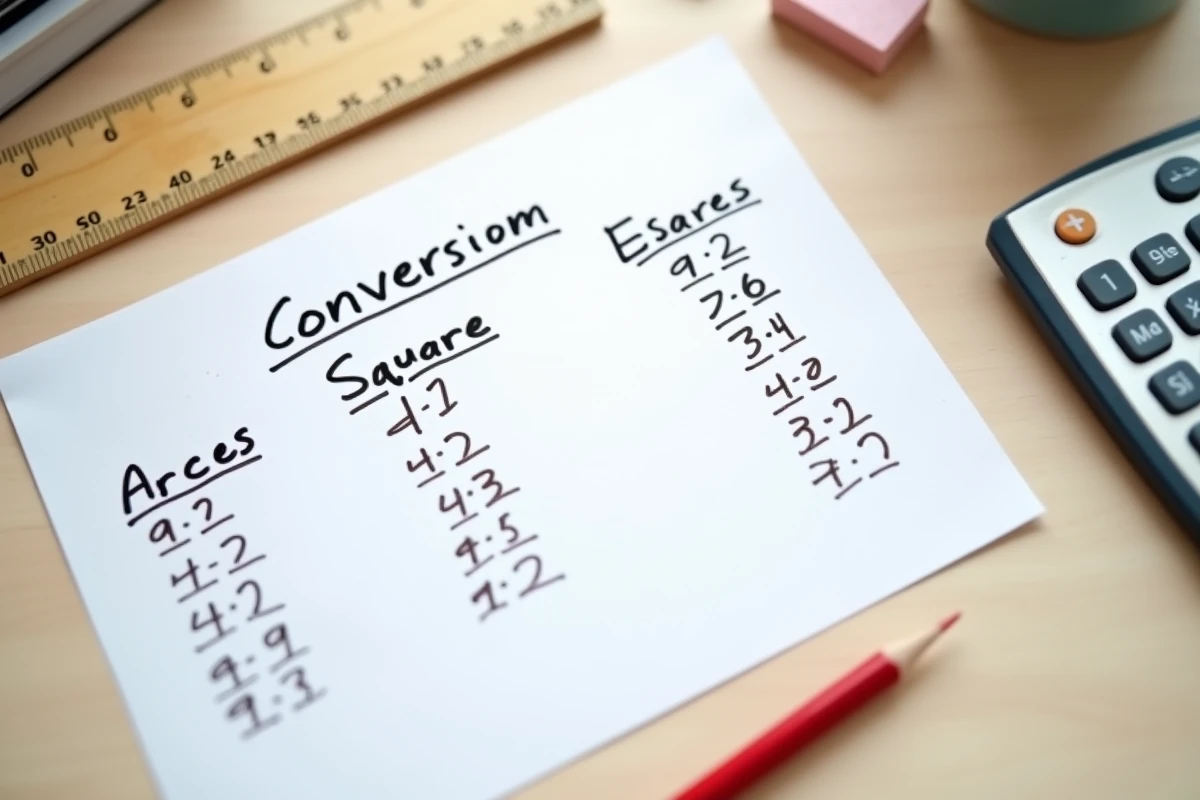 Vue de dessus d'une feuille de révision avec tableau de conversion ares en m2 entourée d'une règle, d'une calculatrice et d'un stylo rouge sur un bureau