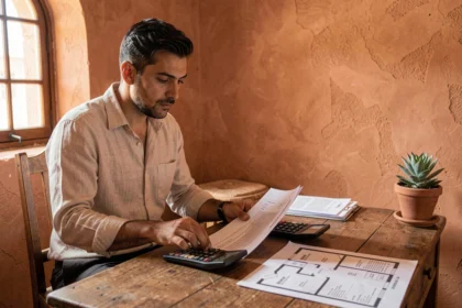 Homme marocain étudiant des documents de financement immobilier pour un appartement à vendre à Marrakech Guéliz