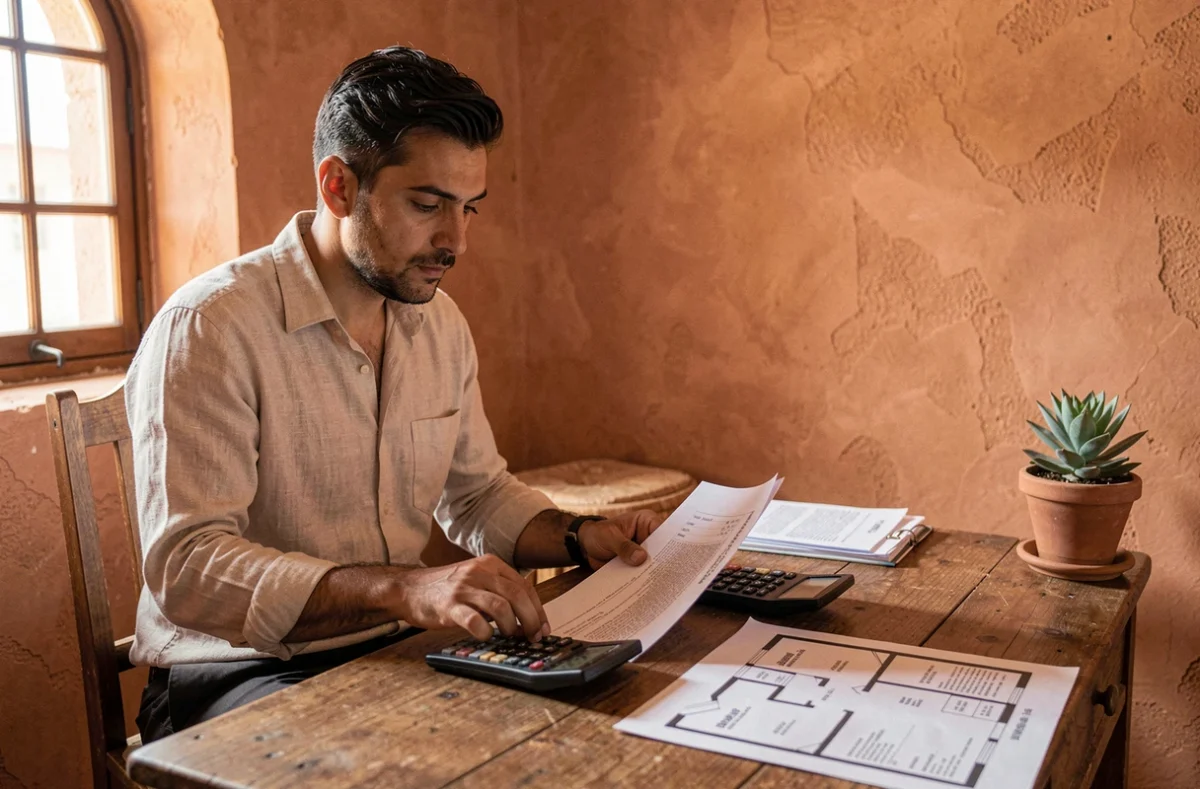 Homme marocain étudiant des documents de financement immobilier pour un appartement à vendre à Marrakech Guéliz