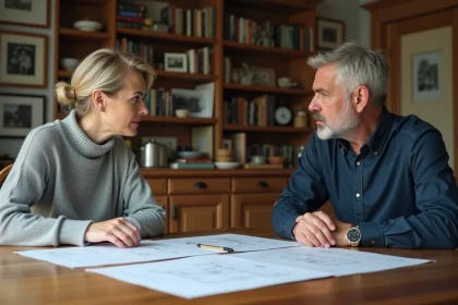 Frère et sœur assis à une table familiale en bois, discutant de documents juridiques concernant une maison en indivision
