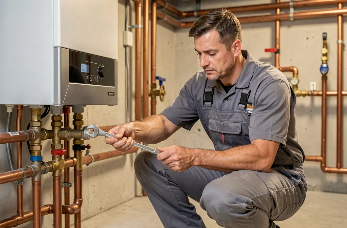Plombier chauffagiste de GC Plomberie Chauffage installant une chaudière à condensation