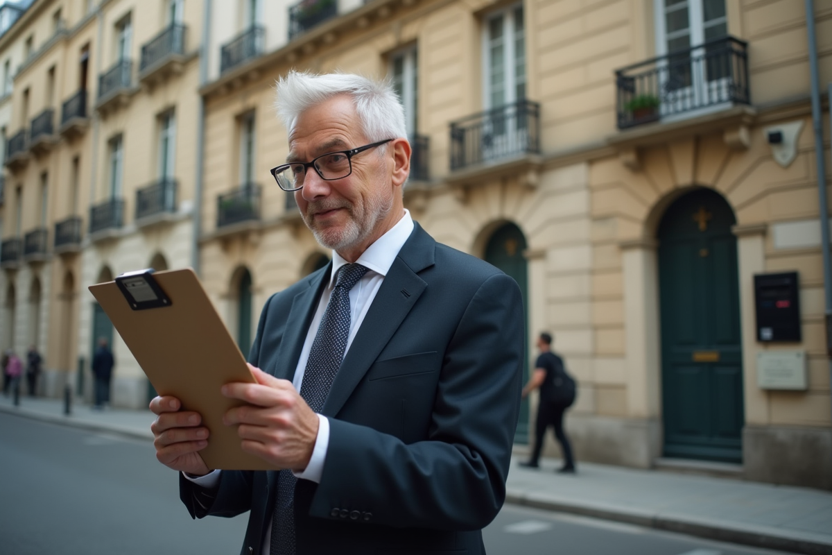 Gestionnaire immobilier examinant un plan devant des immeubles parisiens