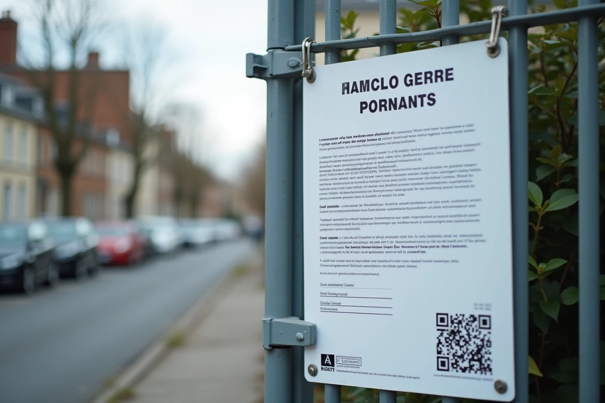 Gros plan d'un panneau de permis de construire en PVC blanc fixé sur une clôture métallique avec texte réglementaire et QR code
