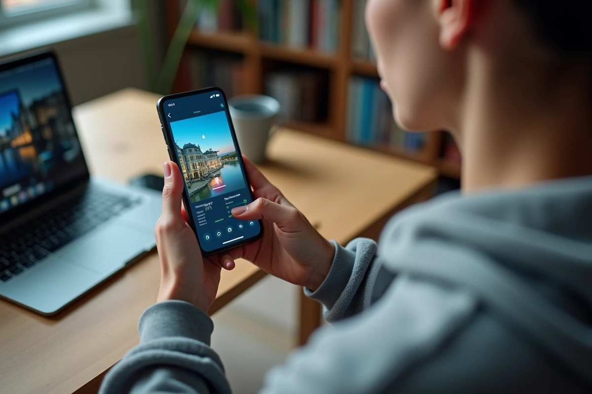 Gros plan sur un smartphone affichant une interface de visite virtuelle 360 dans un bureau à domicile
