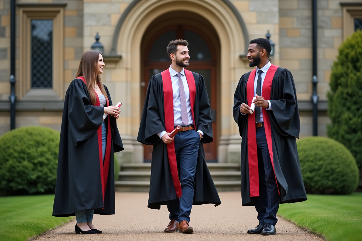 Trois diplômés discutant devant un bâtiment architectural