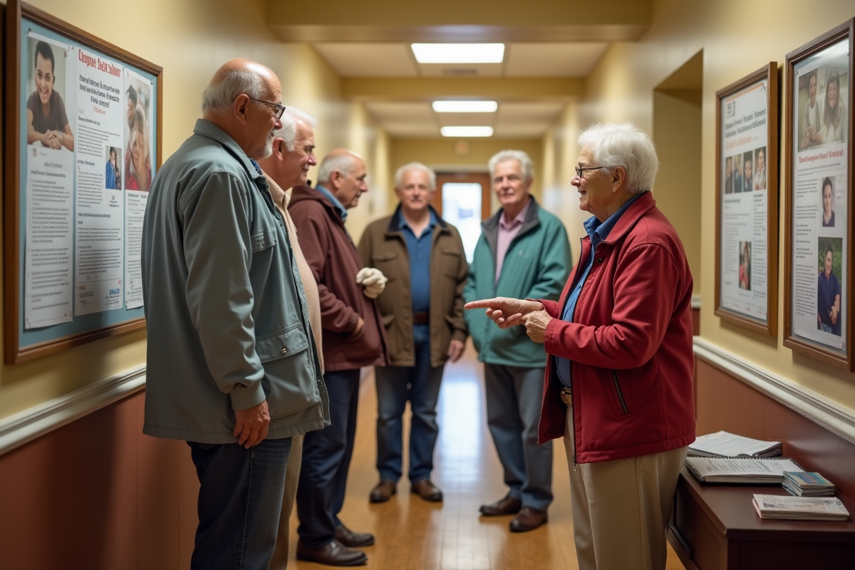 Groupe de seniors regardant un panneau d