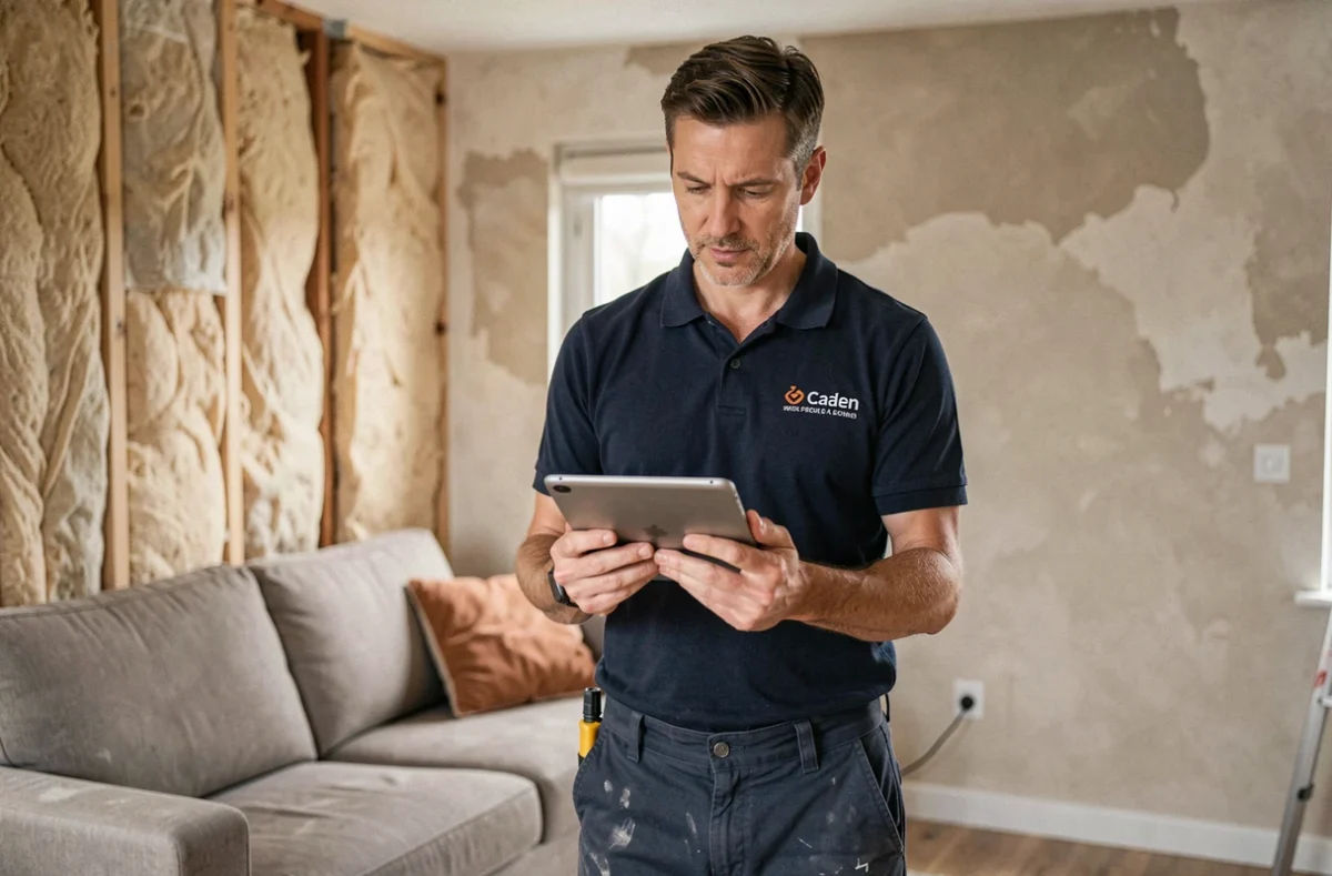 Technicien de Hexa Rénov' Caen consultant des plans de rénovation dans un intérieur rénové