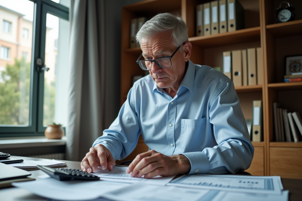 Homme d'affaires examinant des documents financiers dans un bureau