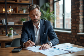 Homme d'affaires en costume bleu examinant des documents immobiliers