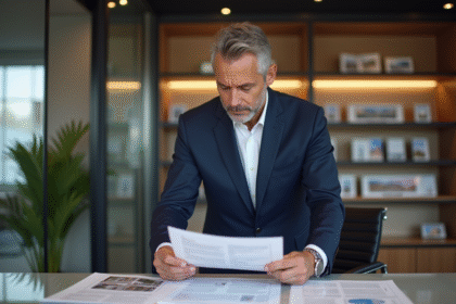 Homme d'affaires en costume bleu examinant des documents immobiliers