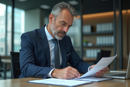 Homme d'affaires en costume examine des documents immobiliers