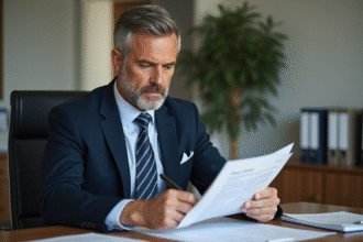Homme en costume examinant un document d'assurance dans son bureau