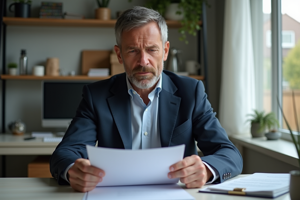 Homme d'affaires en costume examinant des documents de prêt immobilier