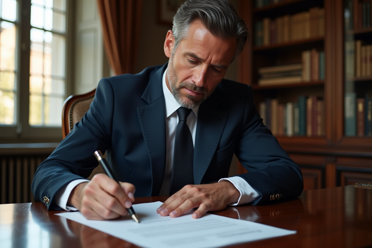 Homme d'affaires en costume navy signant des documents importants