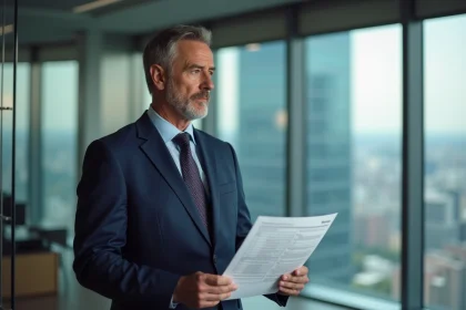 Homme d'affaires en costume bleu examine un rapport immobilier