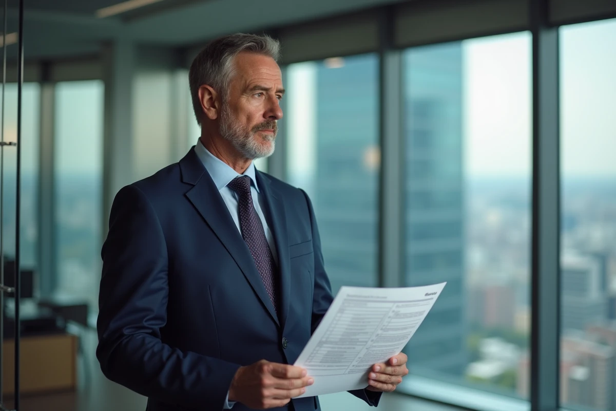 Homme d'affaires en costume bleu examine un rapport immobilier