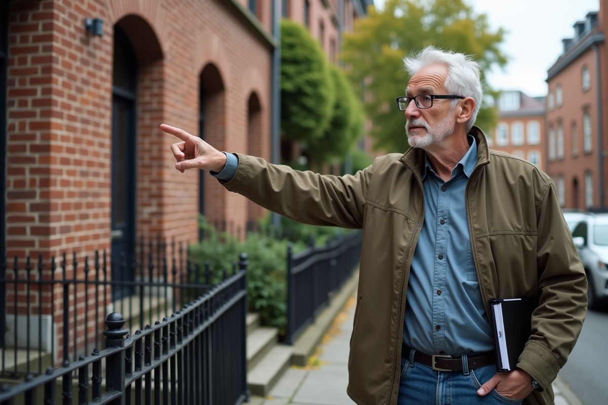 Homme en jean pointant une vieille façade de bâtiment résidentiel
