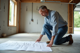 Homme examine plans dans un garage en construction