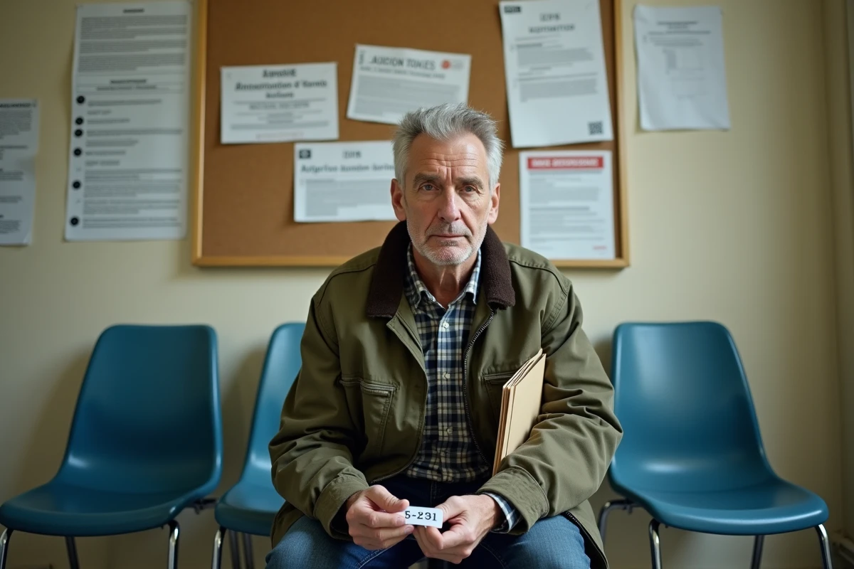 Homme en salle d'attente d'un service social parisien avec son dossier de demande de logement social sous le bras