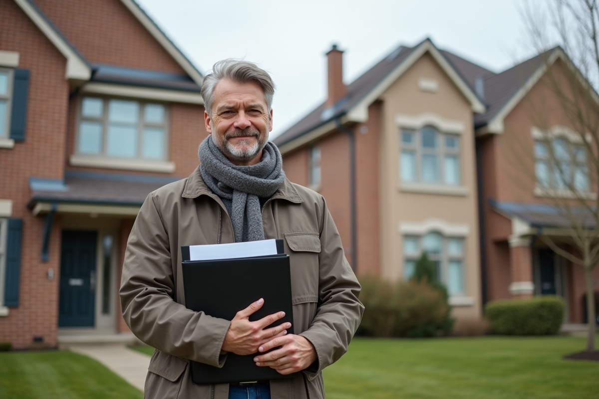 Homme avec dossier devant deux maisons contrastées