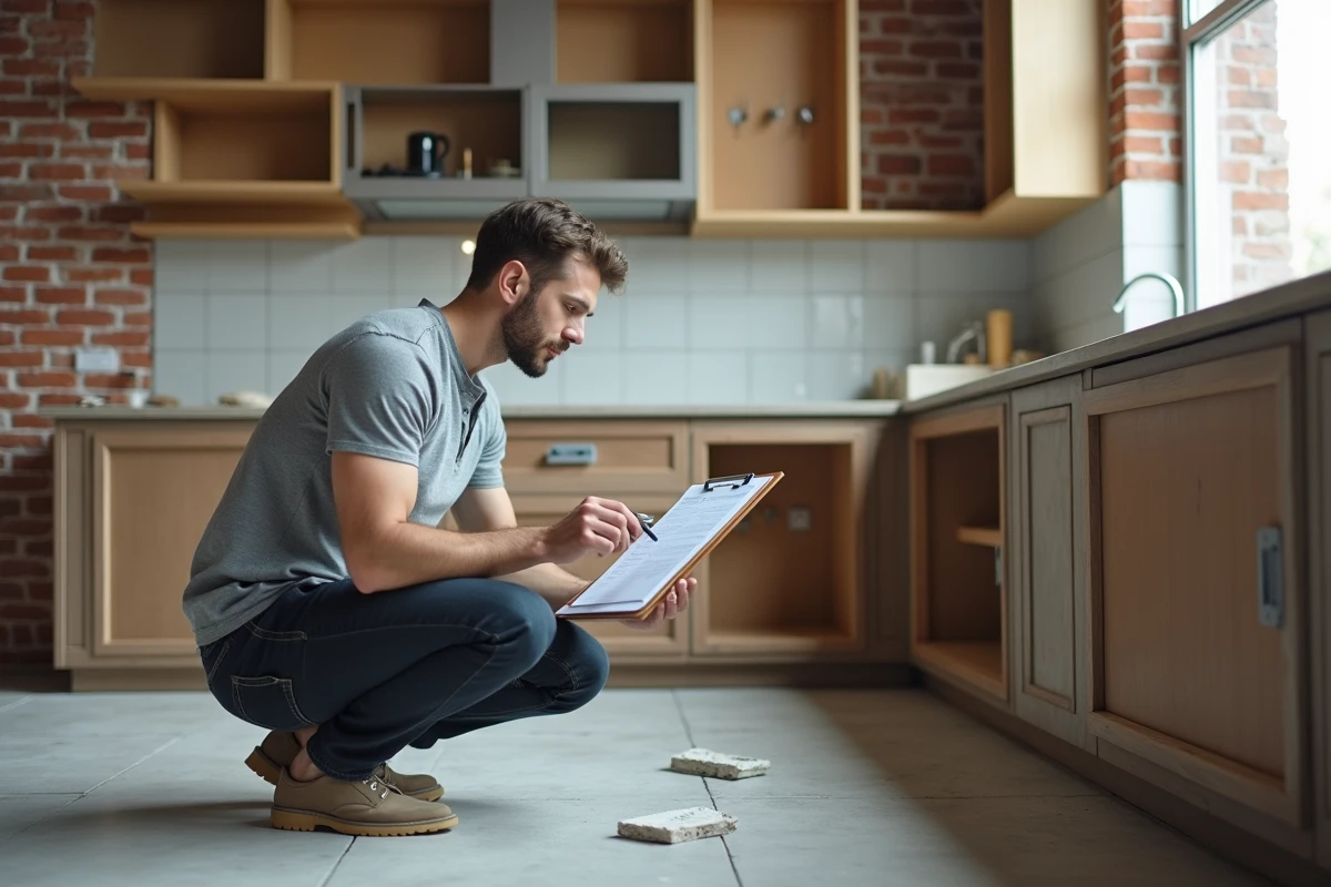 Homme vérifiant une liste de rénovation dans une cuisine en travaux, examinant un carrelage fraîchement posé avec attention