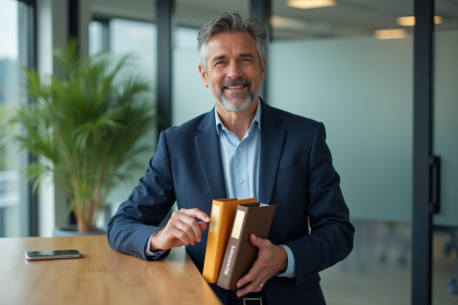 Homme d'affaires pointant vers des dossiers de garantie dans un bureau