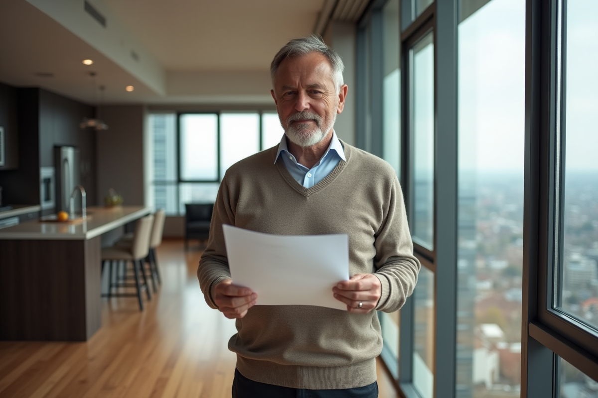 Homme mature examinant un contrat de location dans un appartement