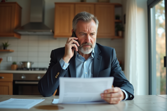 Homme d'âge moyen consulte un document d'assurance endommagé par l'eau