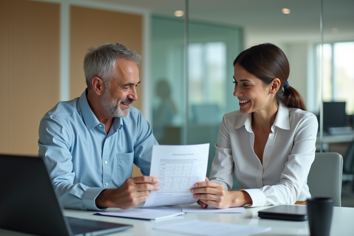 Homme et conseillère bancaire discutant d un planning de paiement