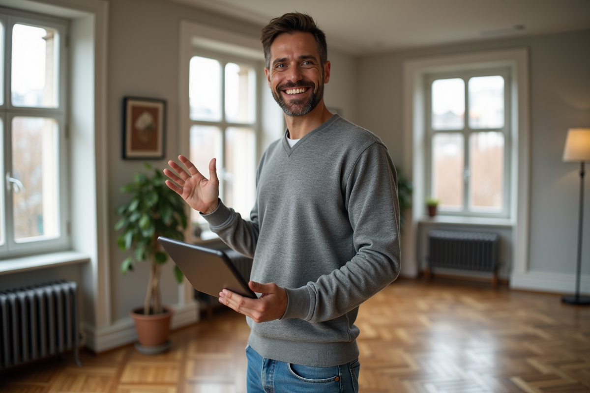 Homme décontracté montrant un appartement avec une tablette