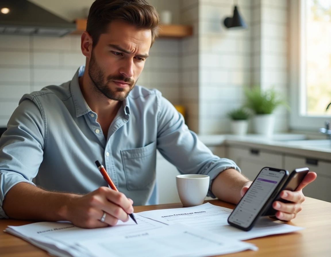Homme remplissant sa déclaration fiscale à la maison avec une application calculatrice d'impôts sur smartphone